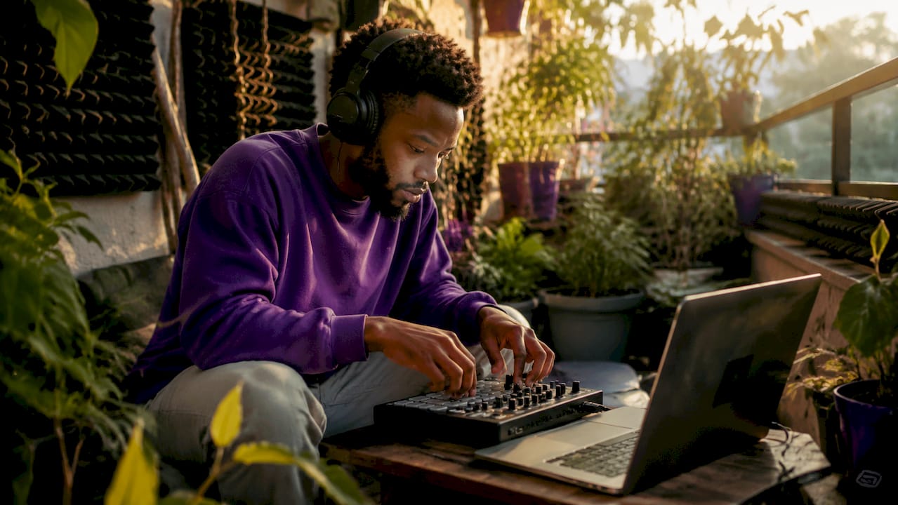 Music producer adjusting controls in home studio