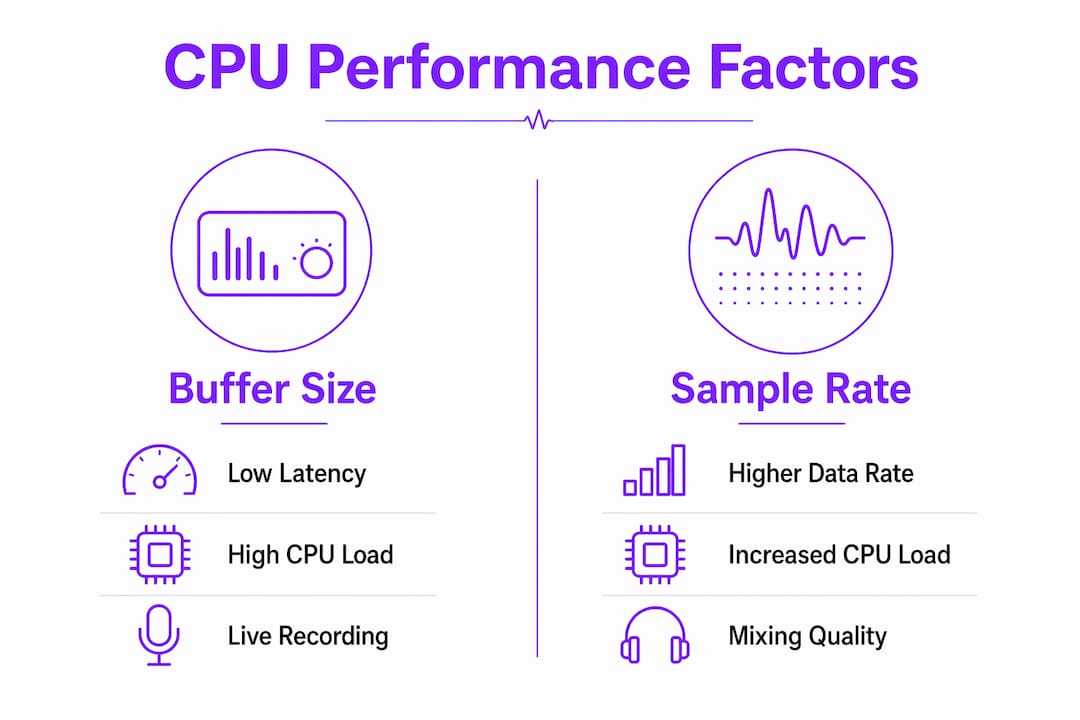 Infographic comparing buffer size and sample rate effects on CPU