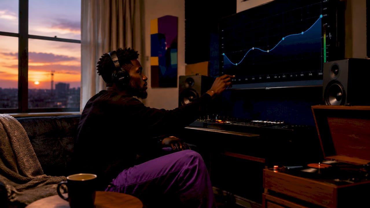 Music producer adjusting EQ controls at home studio