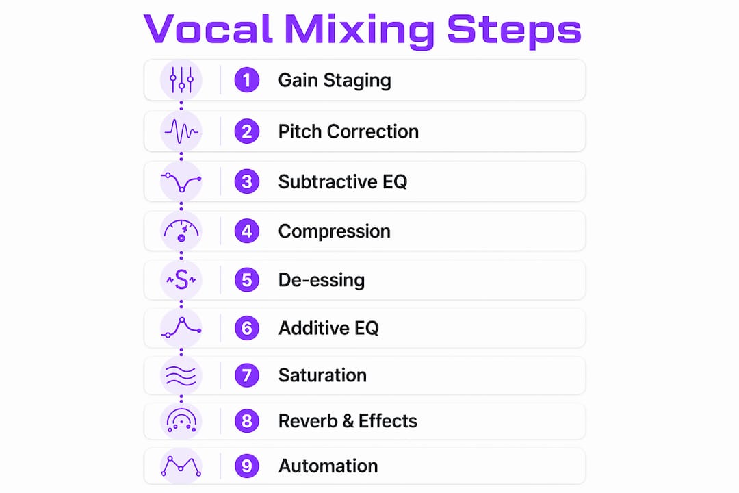 Infographic showing key vocal mixing process steps