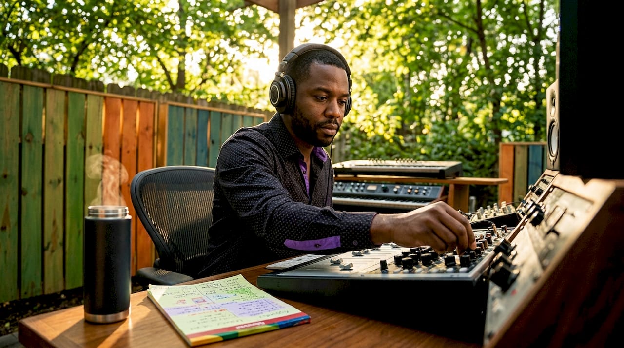 Audio engineer mastering music in professional studio