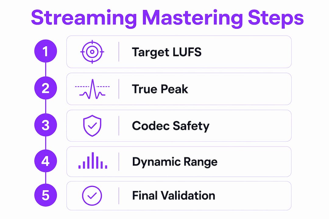Infographic detailing key steps for mastering audio for streaming
