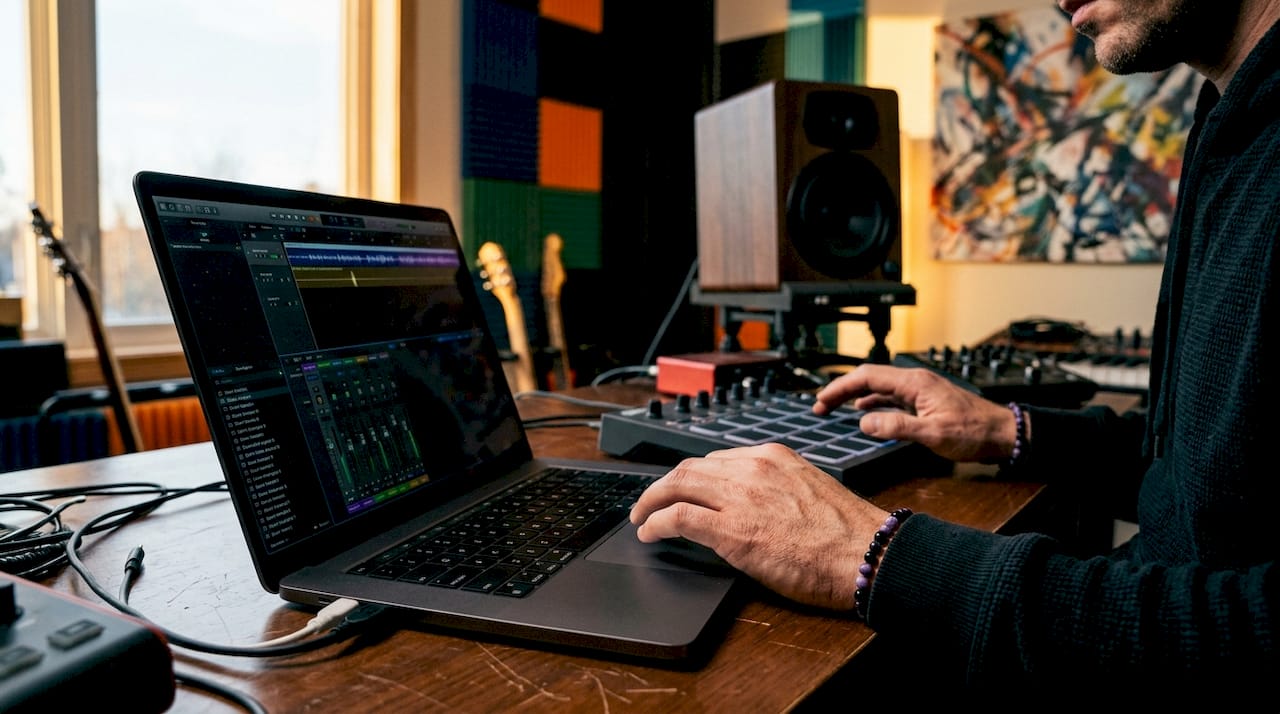 Producer hands selecting drum samples on digital device