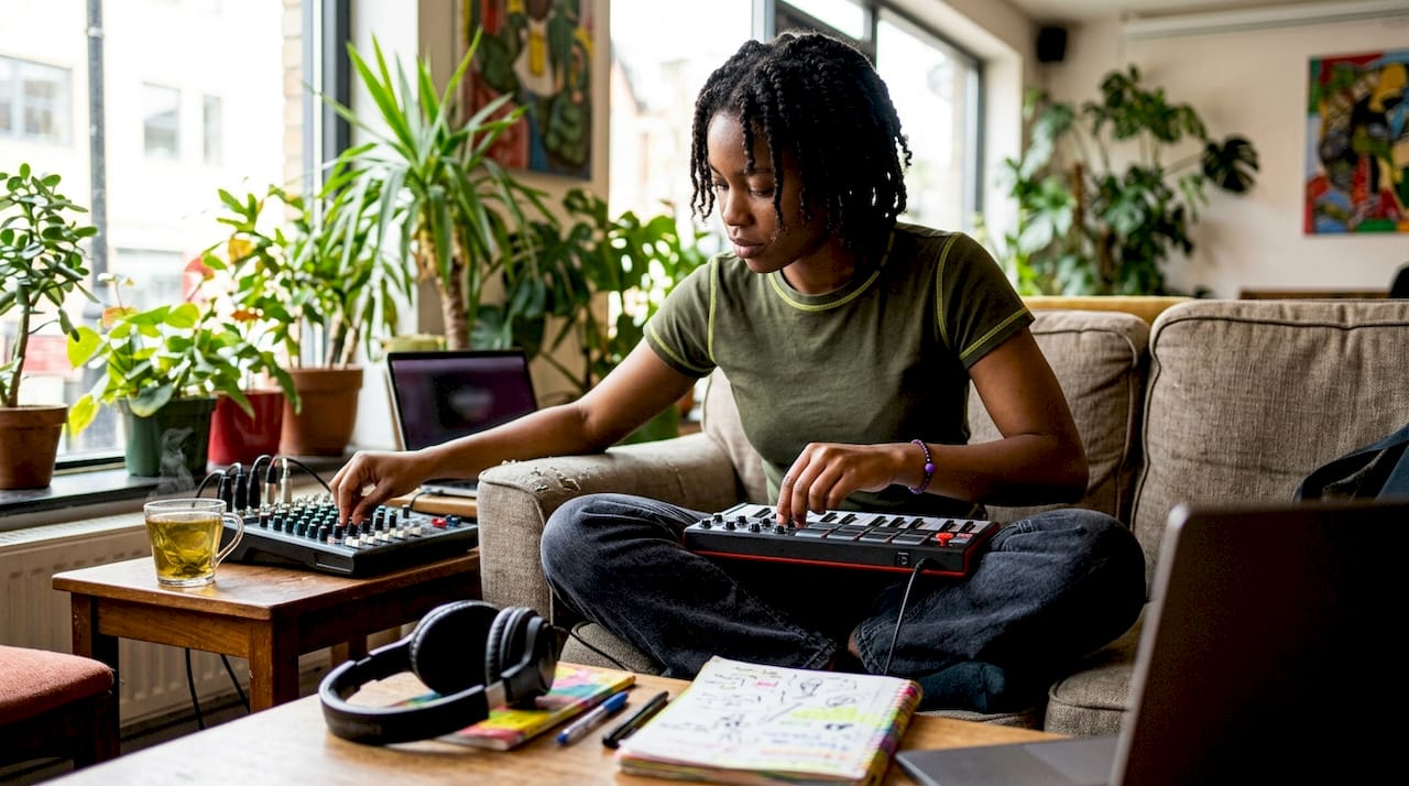 Producer programming drums on MIDI controller in home studio