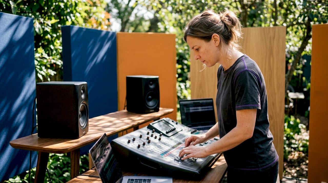 Audio engineer adjusting mixing console in studio