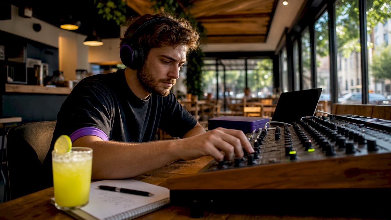Music producer adjusting stereo mix in studio