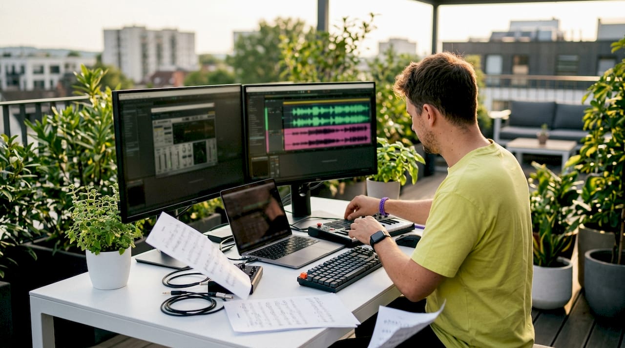 Hands adjusting VST plugins on desktop setup