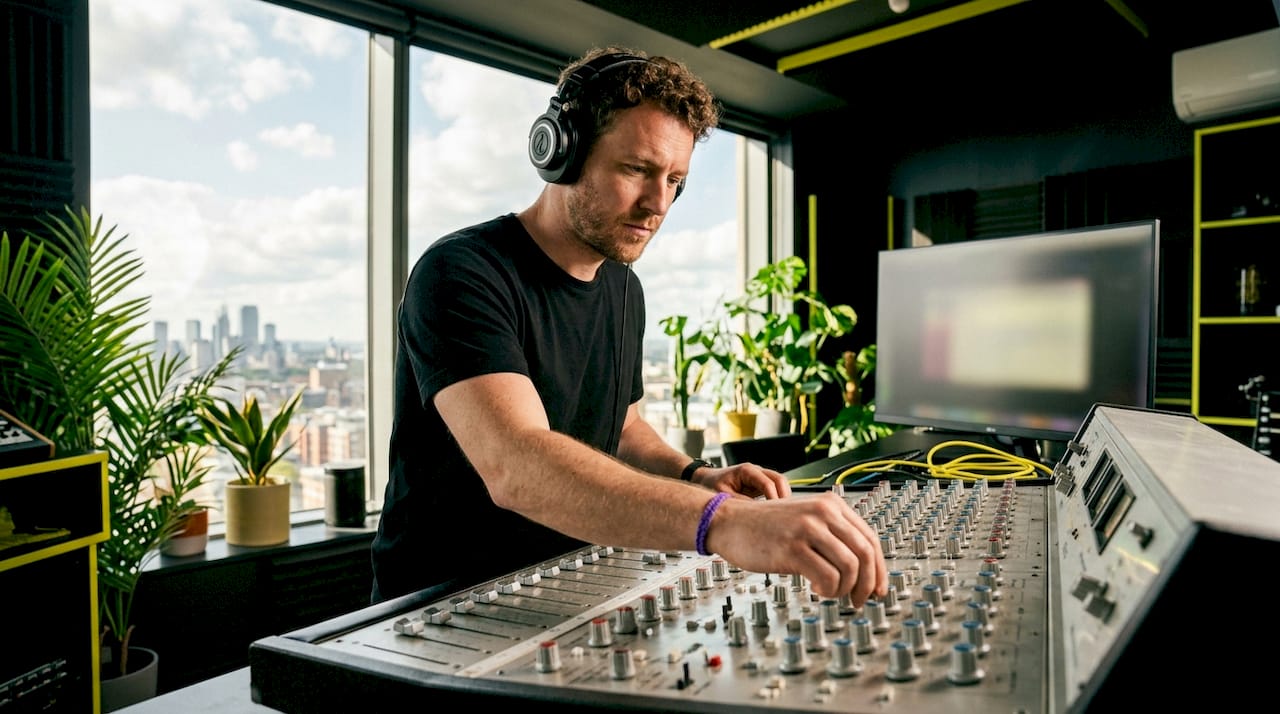 Audio engineer adjusting mixing console