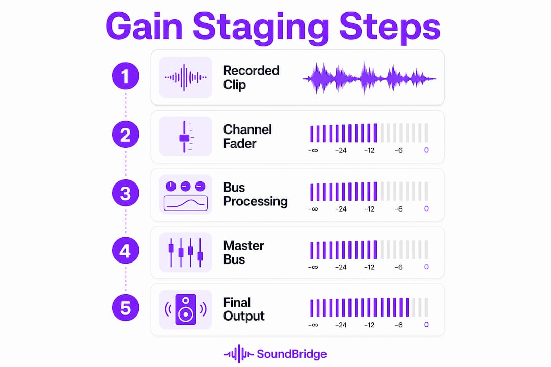 Infographic showing step-by-step gain staging workflow