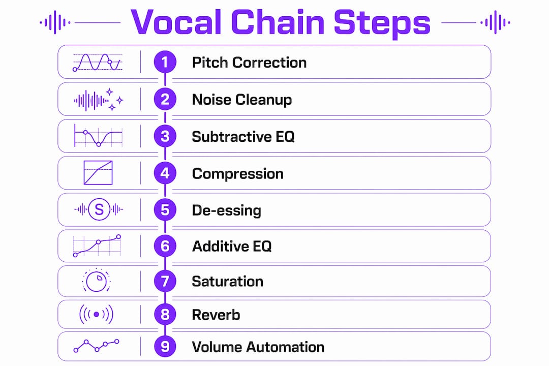 Infographic illustrating vocal processing chain steps