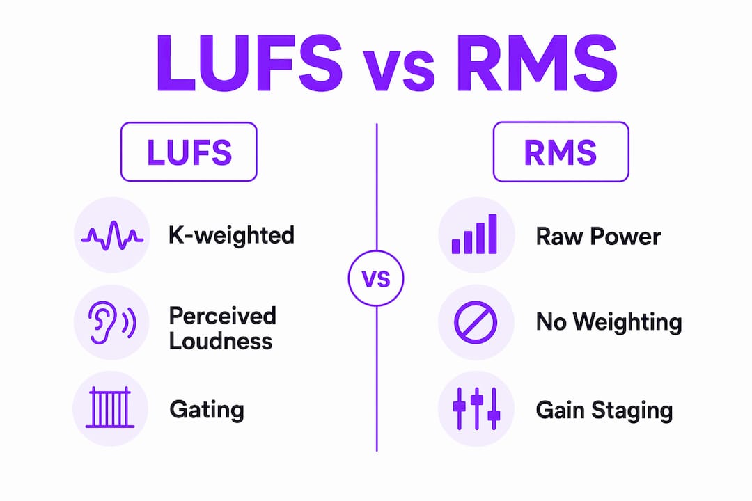Infographic comparing LUFS and RMS audio metrics