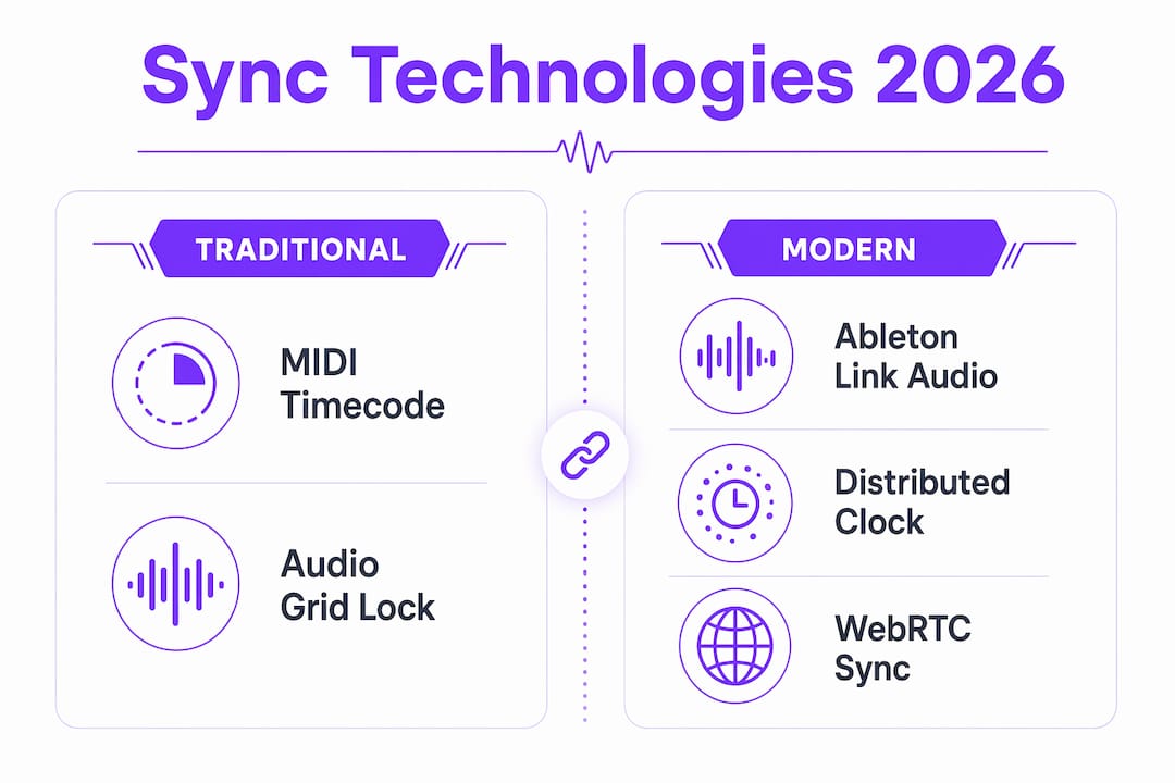 Infographic comparing multi-DAW sync technologies