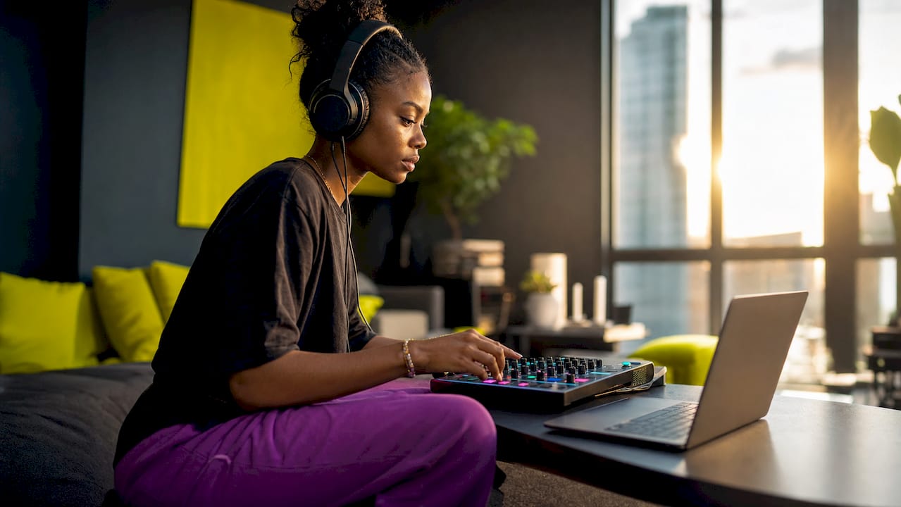 Woman using audio interface in home studio