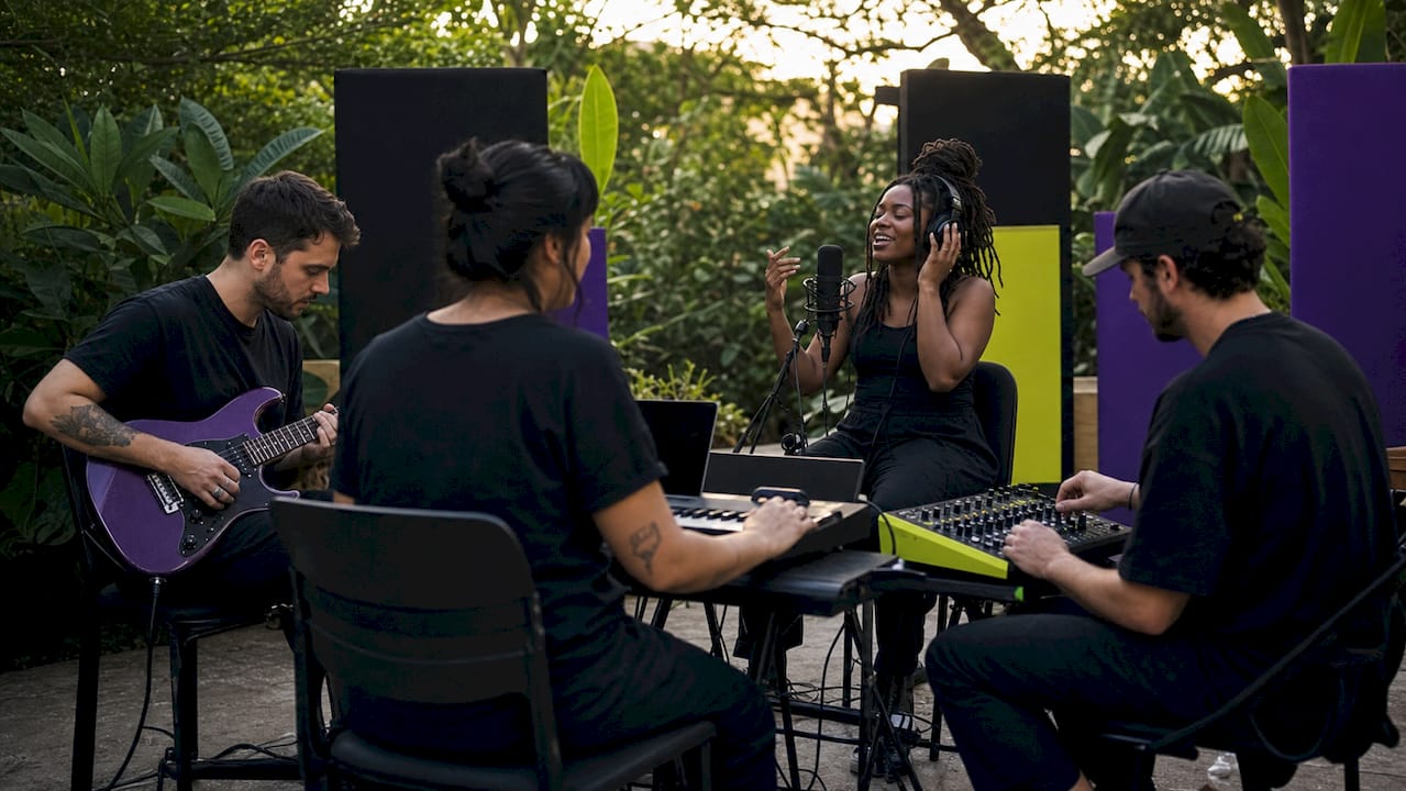 Remote band collaborating with instruments and laptops