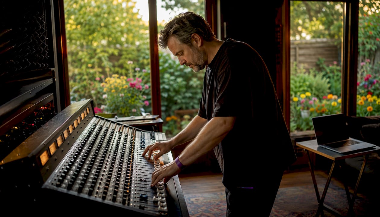 Audio engineer mixing immersive audio in home studio