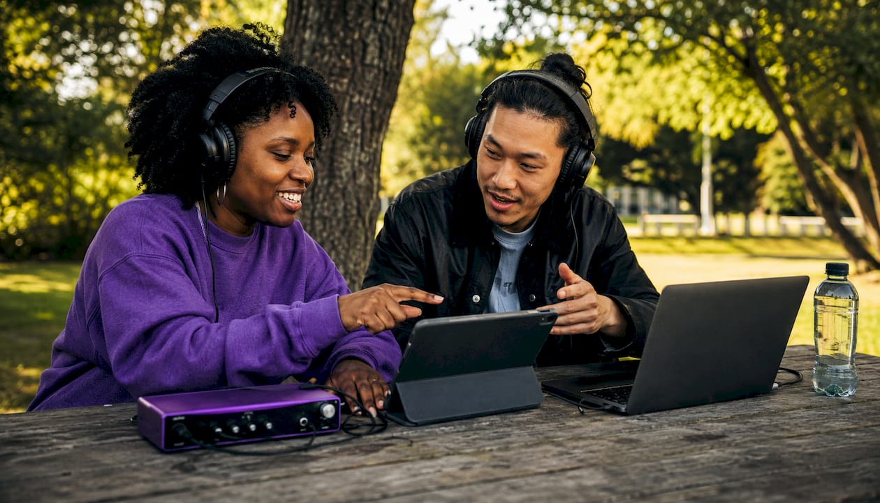Two musicians collaborating with real-time music tools