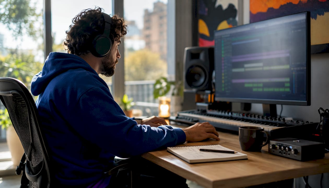 Music producer collaborating virtually at home studio