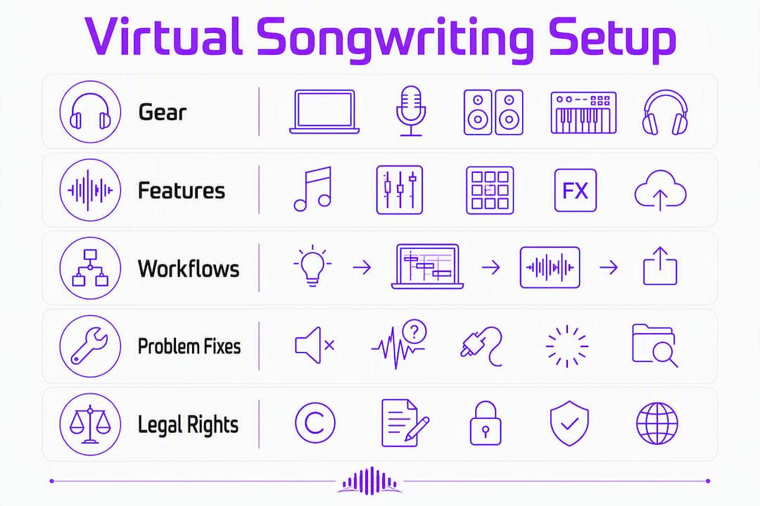 Infographic showing virtual songwriting setup steps with key categories