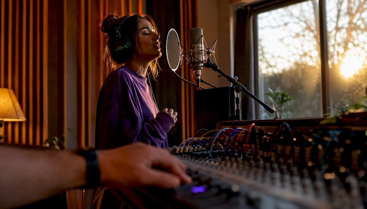 Close-up hands mixing console during real-time vocal tracking