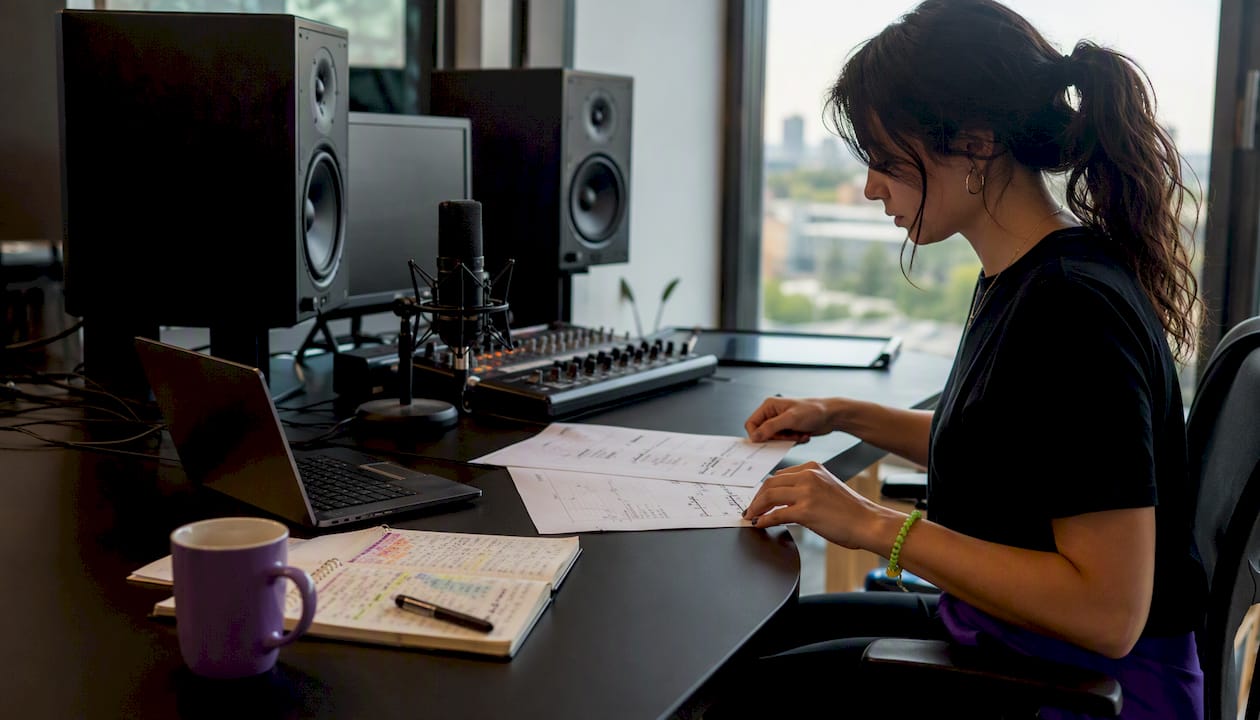 Overhead view of desk with digital audio tools and guide tracks