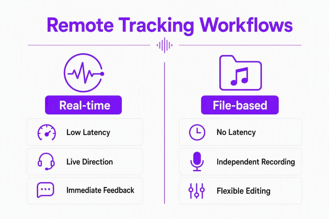 Infographic comparing real-time and file-based remote vocal workflows