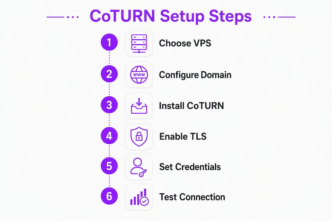 Infographic showing step-by-step CoTURN server setup process