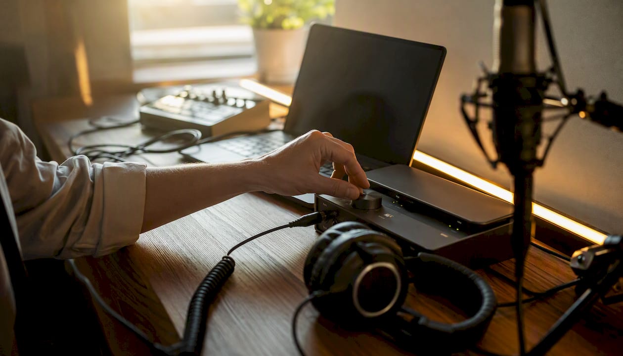 Hands adjusting audio interface knob in home studio