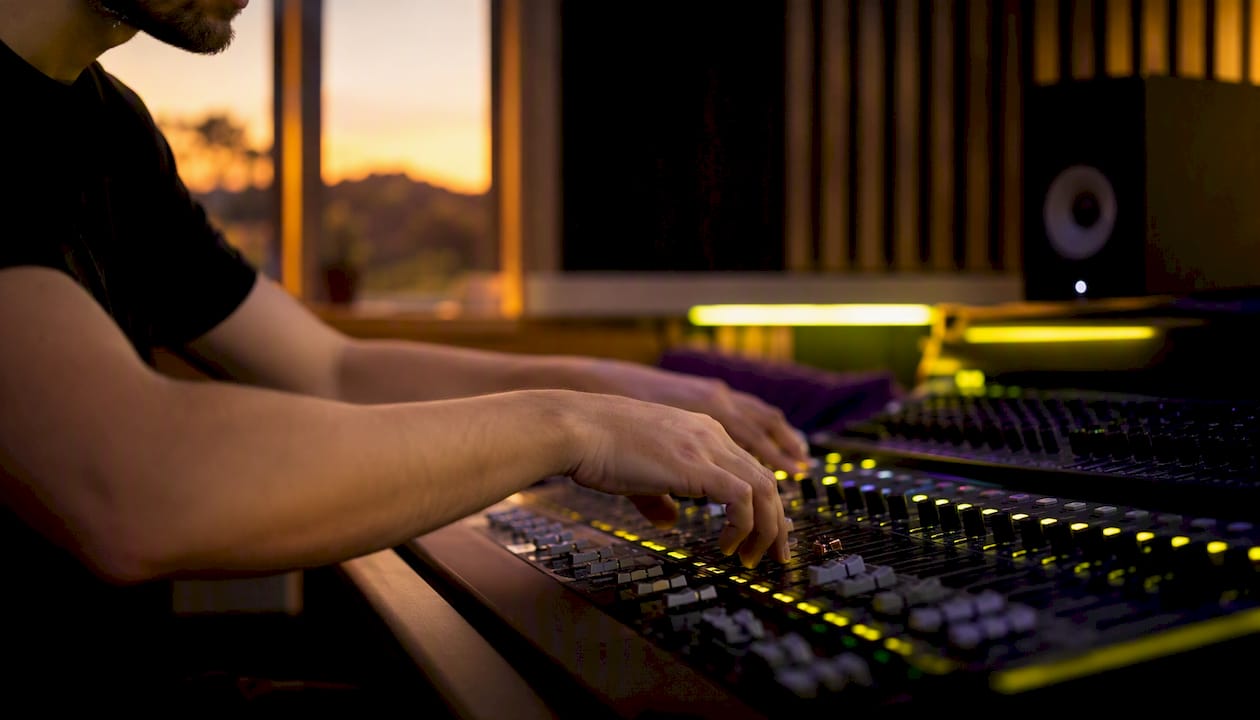 Hands adjusting mixing console knobs in studio