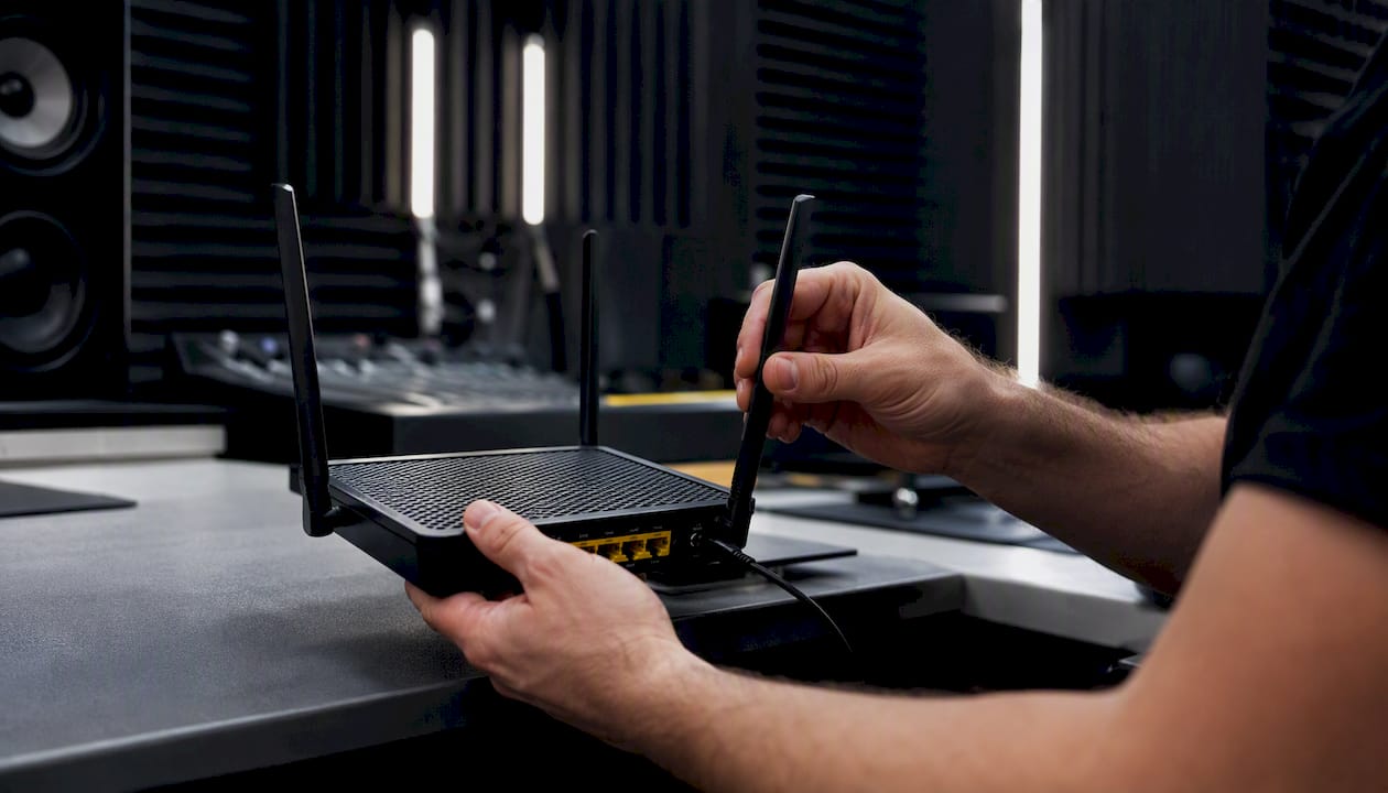 Hands adjusting home studio internet router antenna