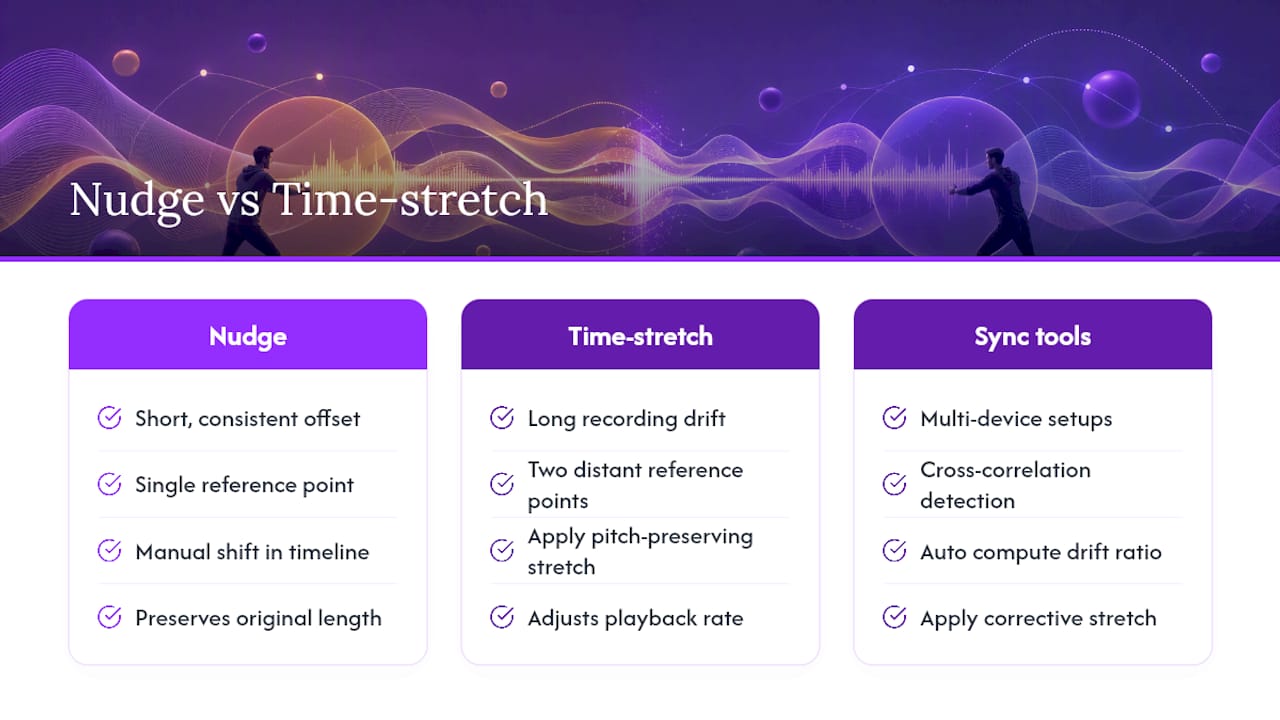 Nudge versus time-stretch correction paths