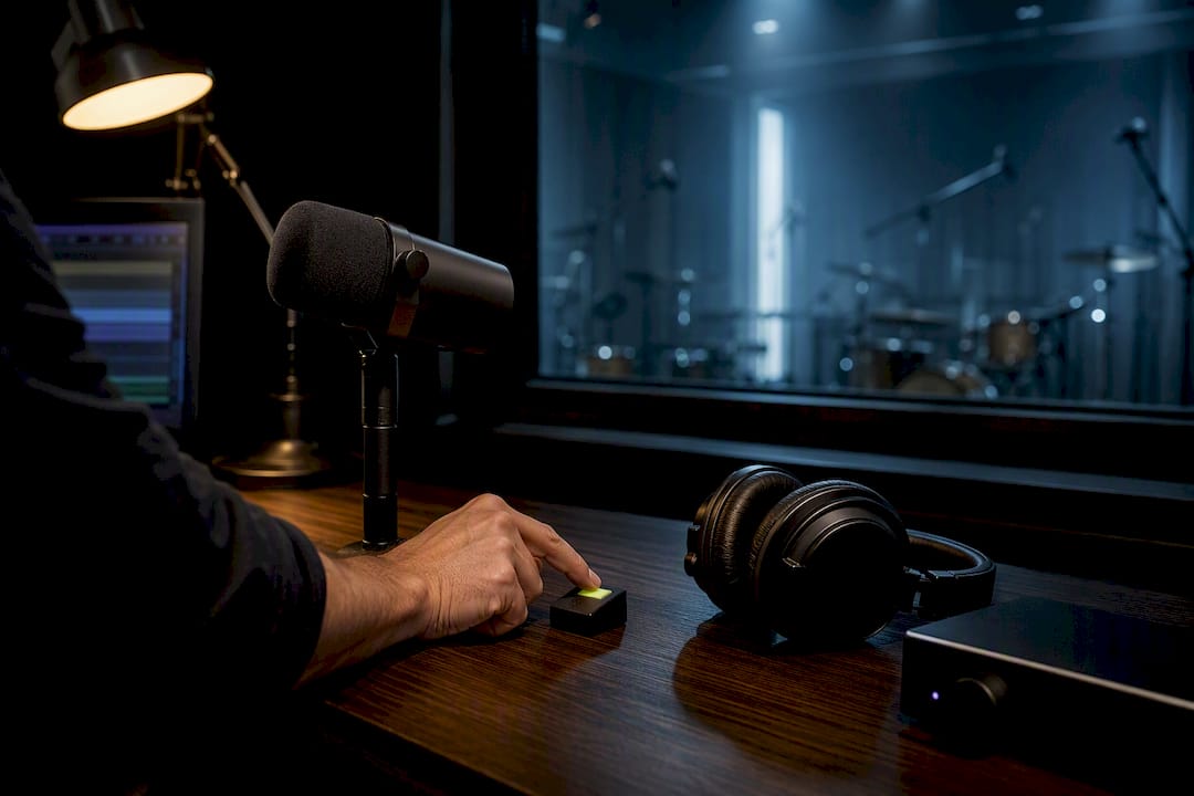 Engineer activating a studio talkback microphone