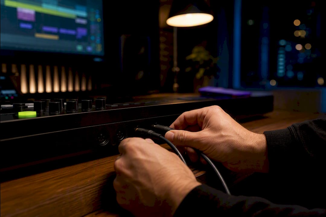 Producer connecting MIDI cables to control surface