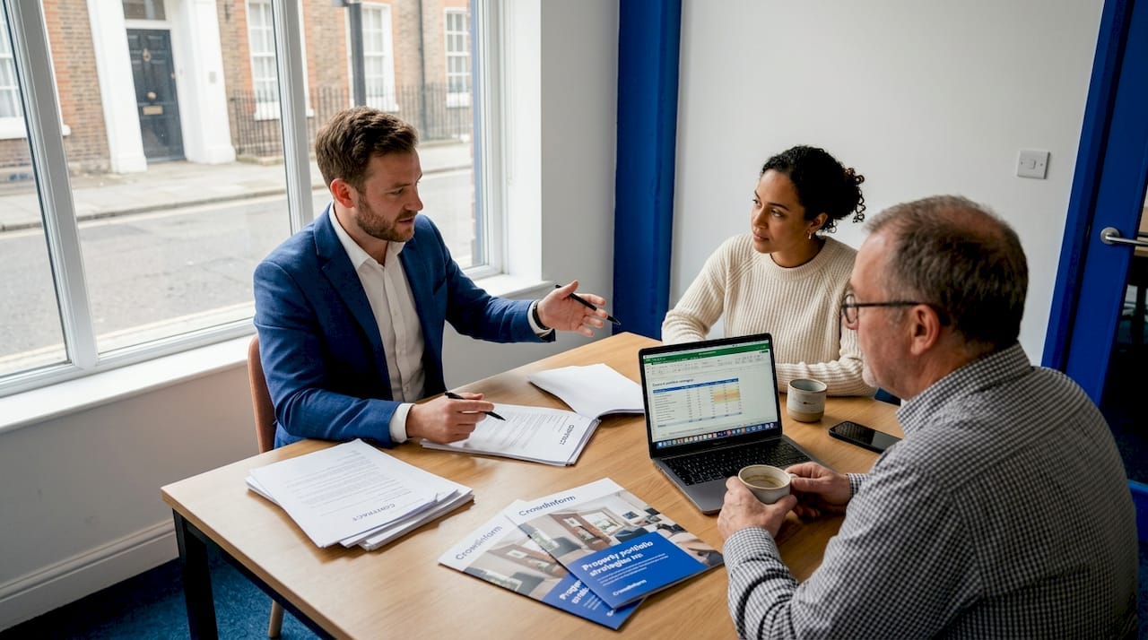 Small team discussing property investment paperwork