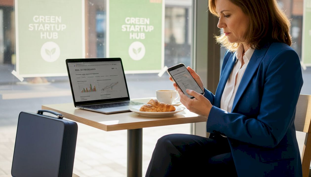 Investor researching innovation sectors café