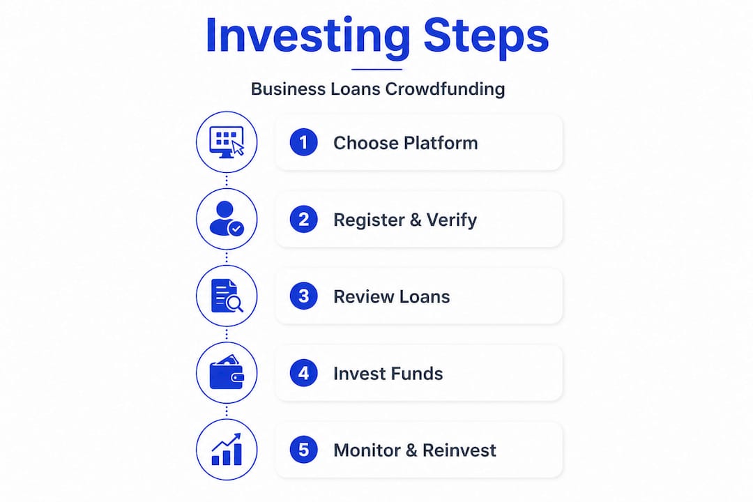 Infographic showing steps to invest in business loan crowdfunding