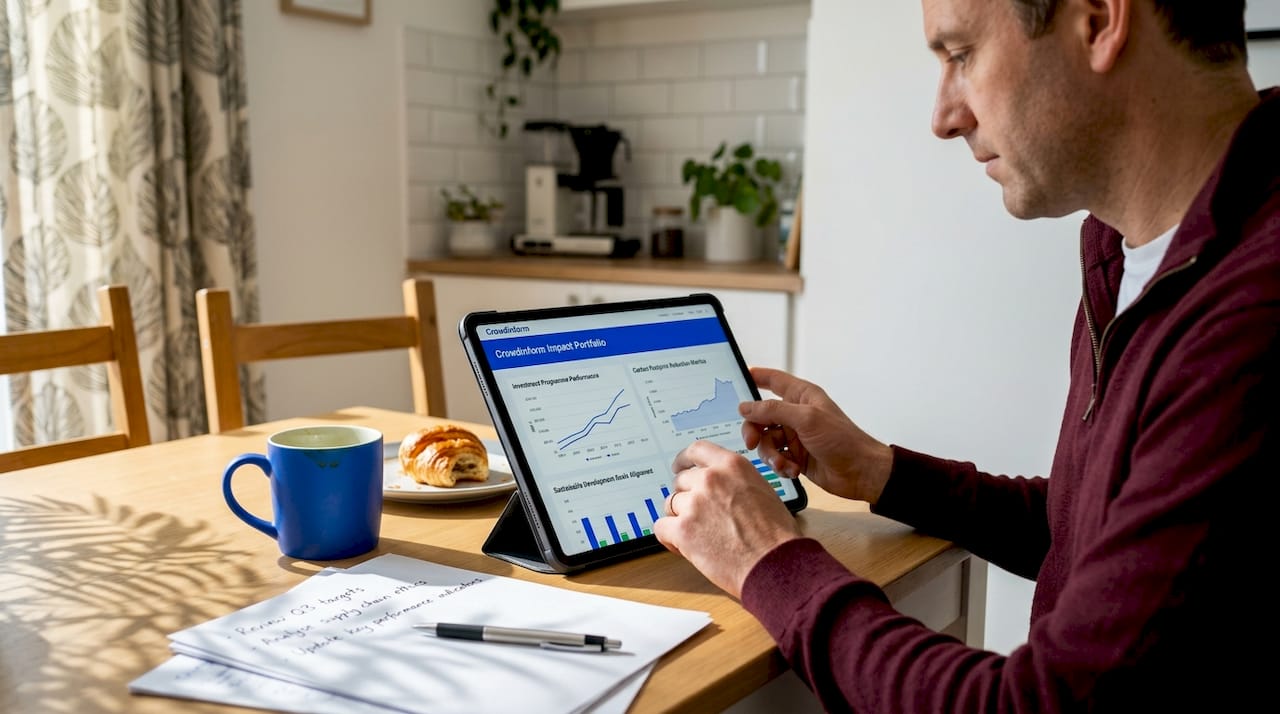 Investor checks renewable project dashboard at home