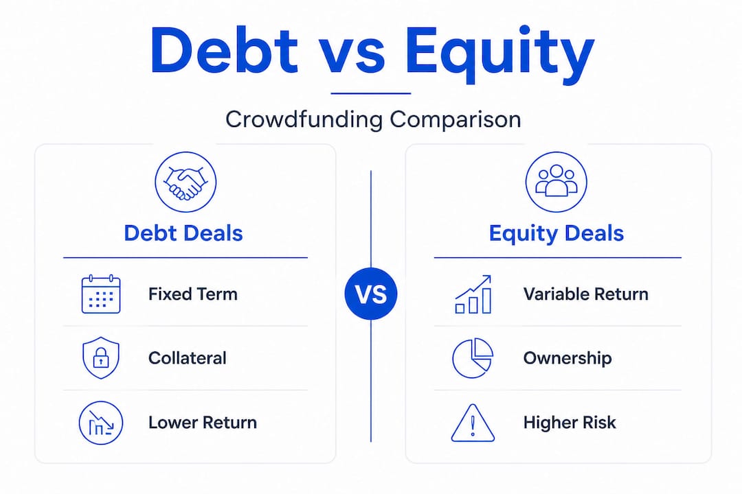 Debt and equity crowdfunding comparison infographic