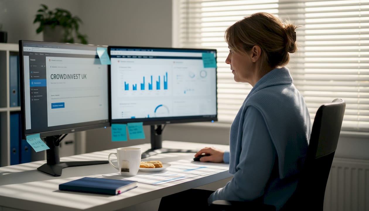 Person comparing crowdfunding platforms at desk