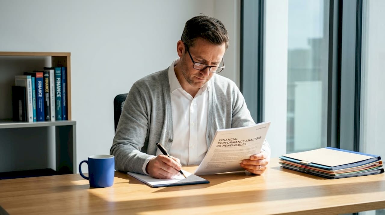 Man reviewing technical risk documents at kitchen