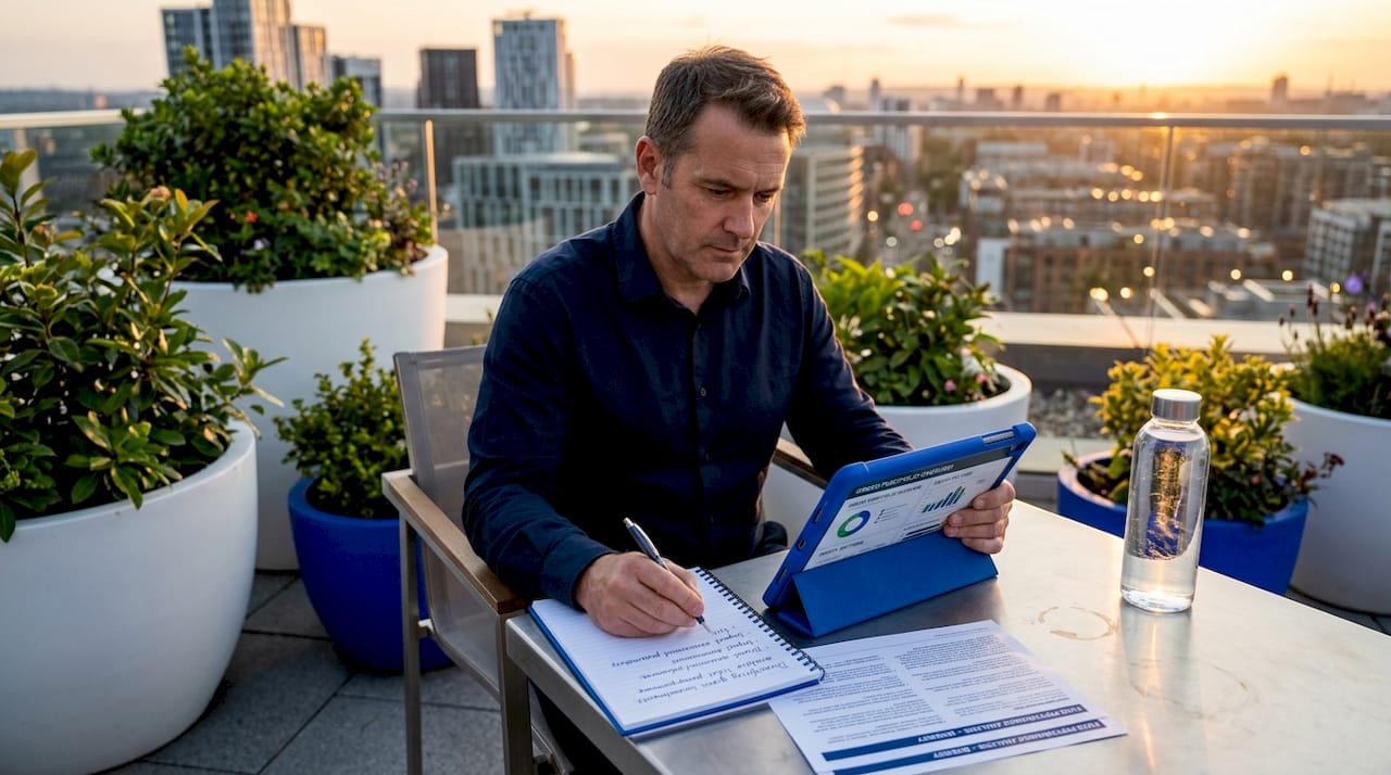 Man researching diversified green investments outdoors
