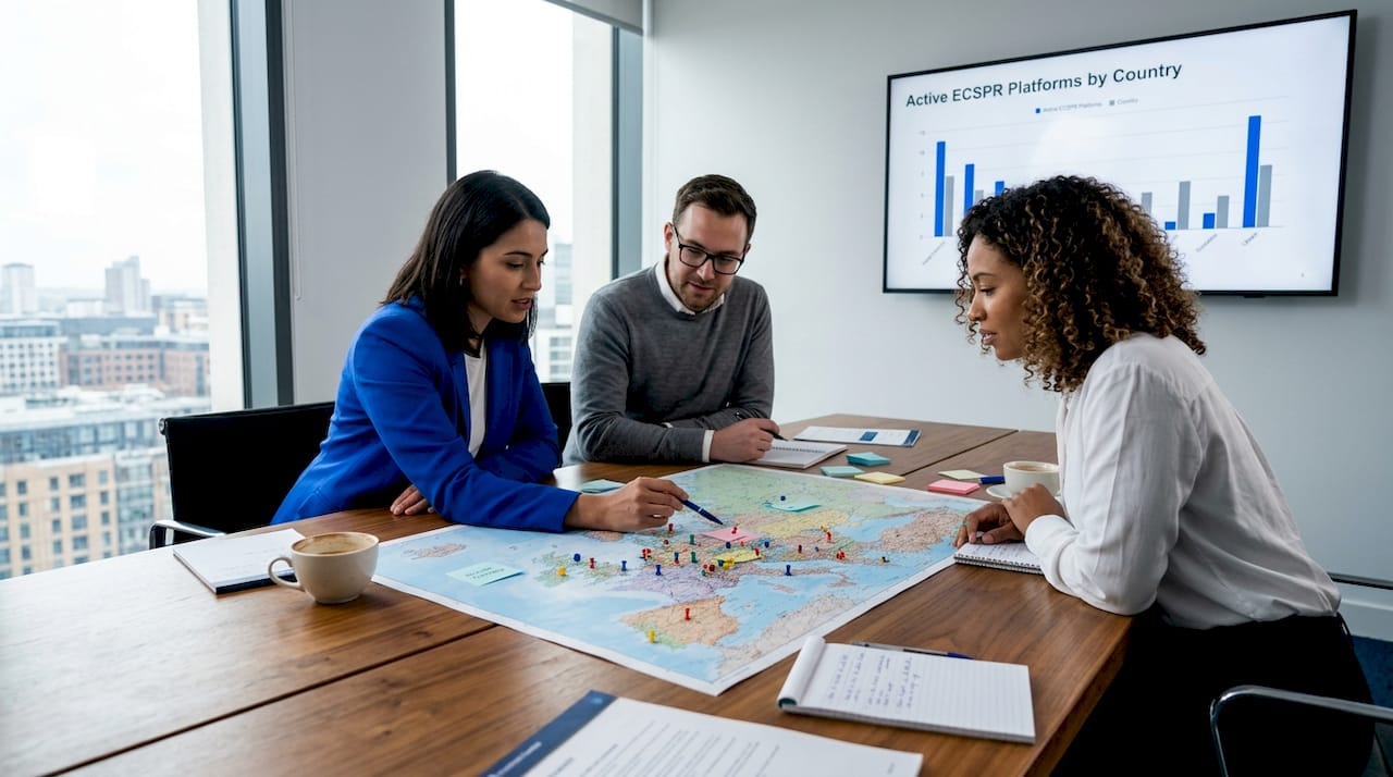 Team reviewing European crowdfunding platform map