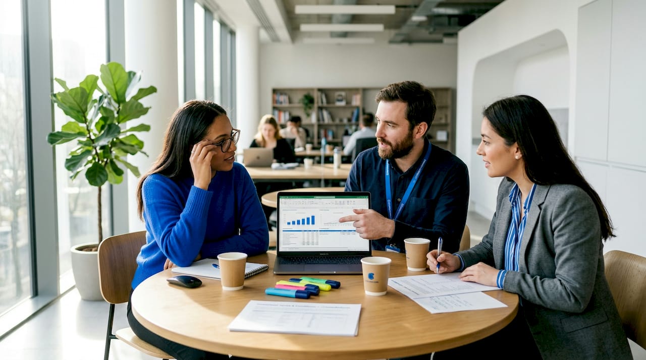 Team reviews equity crowdfunding details in coworking office