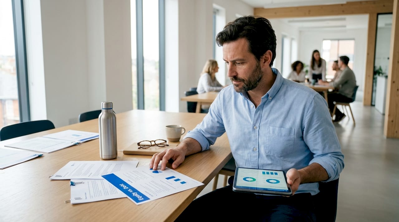 Man comparing equity and debt investment documents