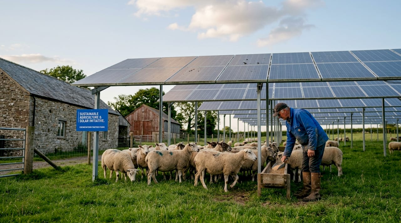Sheep grazing under solar panels in pasture