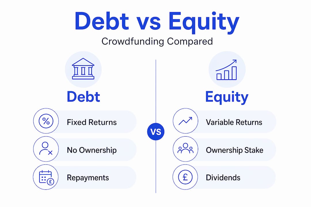 Infographic comparing debt and equity crowdfunding features