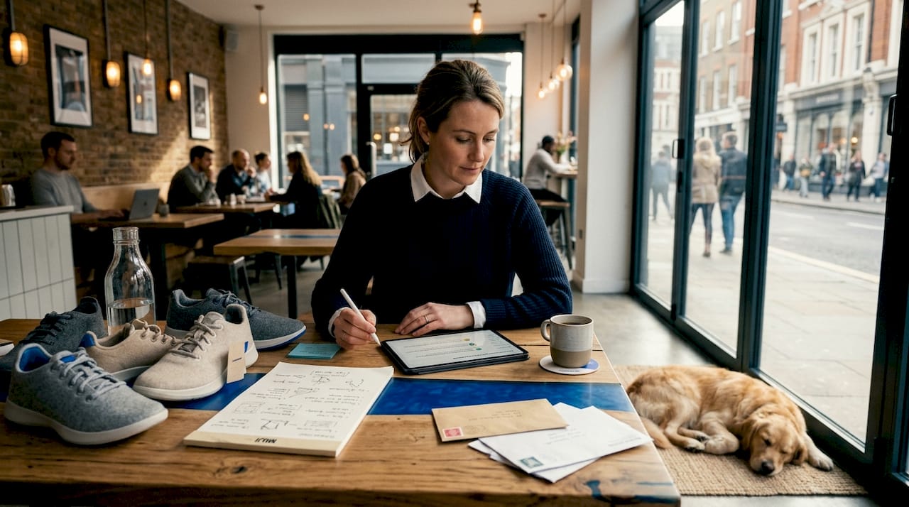 Founder reviewing wool shoe prototypes and feedback