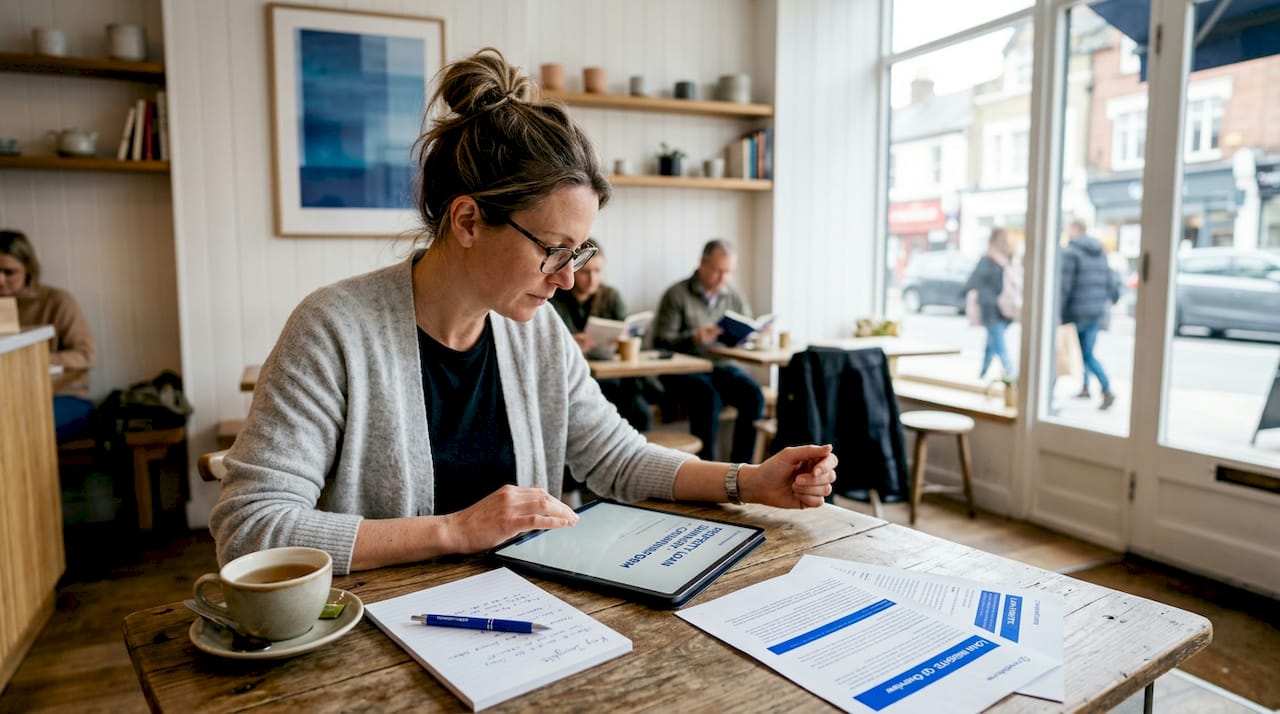 Investor reviewing property loan on kitchen tablet