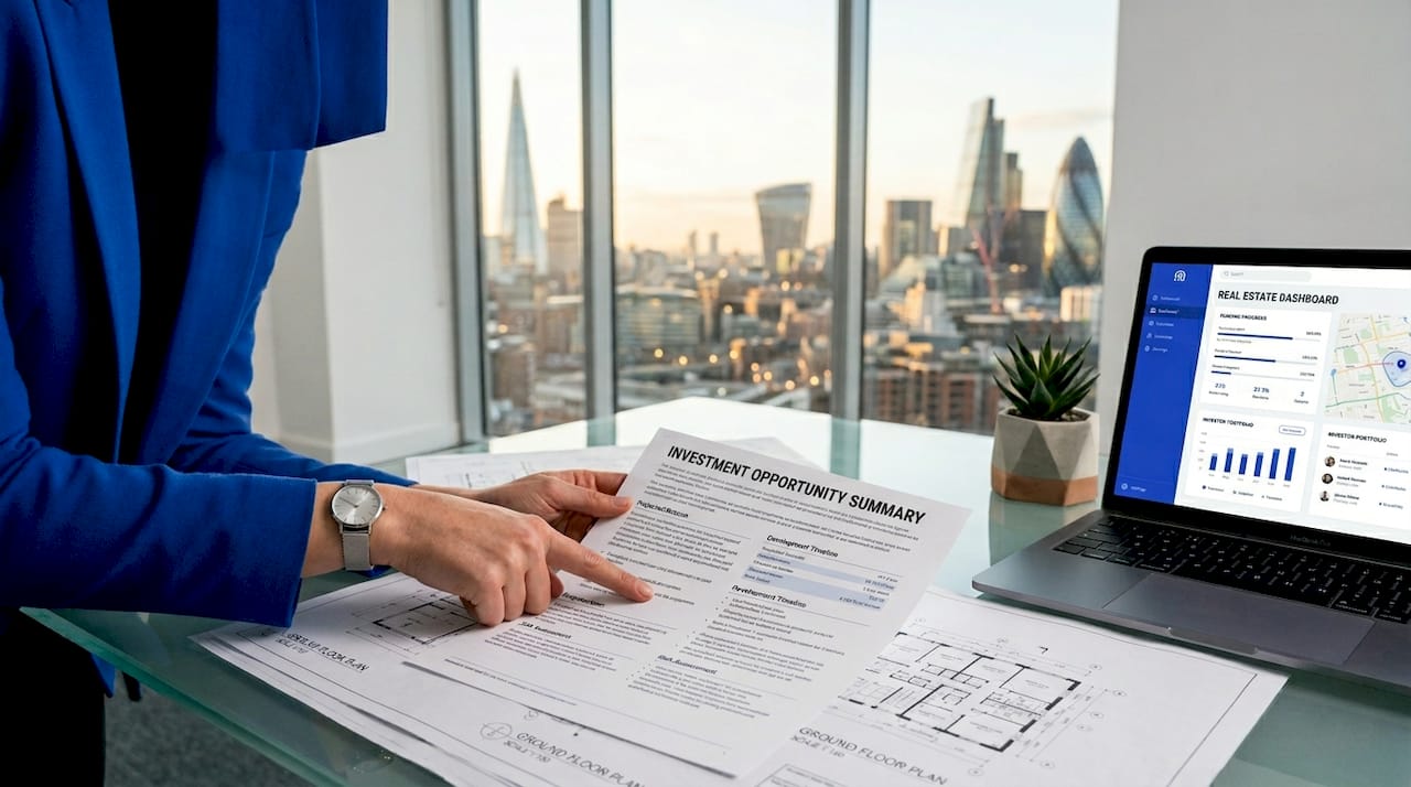 Hands pointing at real estate crowdfunding documents