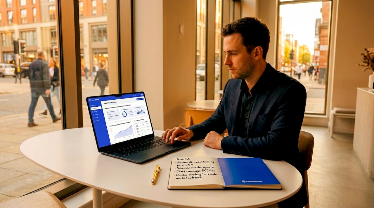 Entrepreneur creating AI-powered crowdfunding campaign