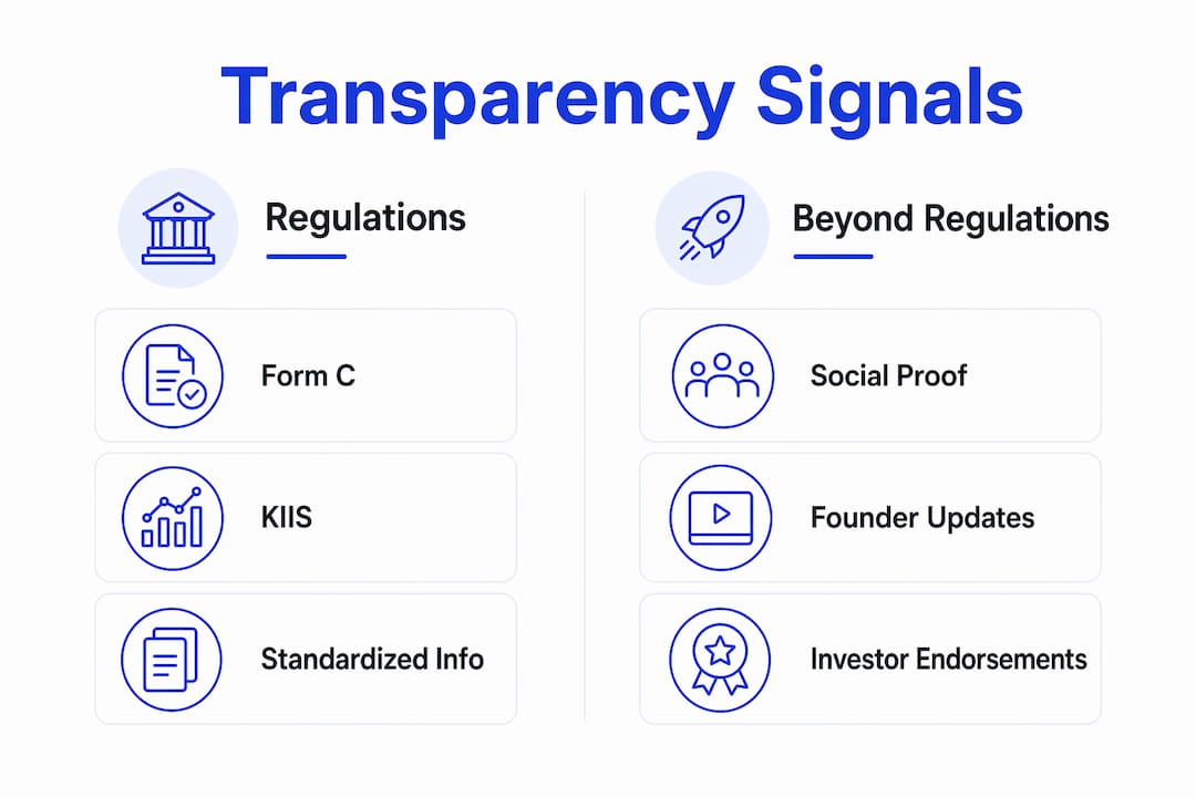 Infographic comparing regulatory and behavioral transparency signals in crowdfunding